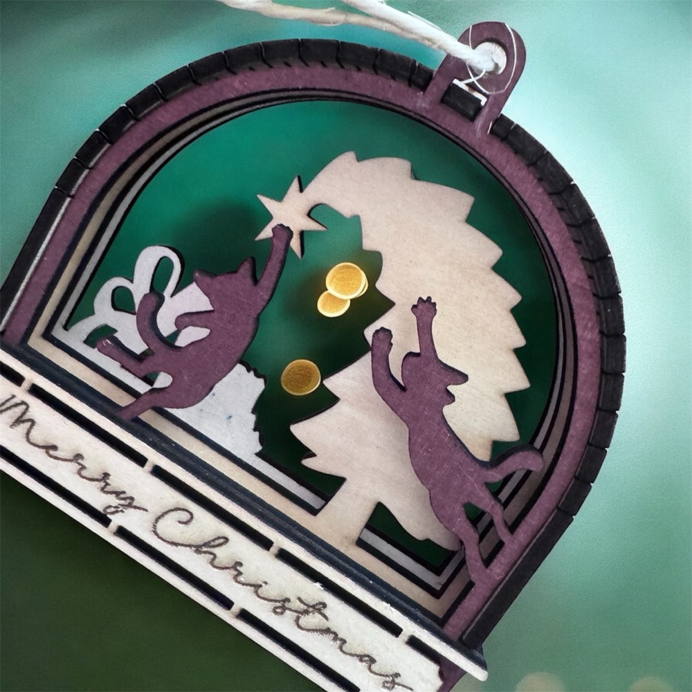 3D Layered Wood Christmas Ornament – Two Brown Cats & Tree Scene